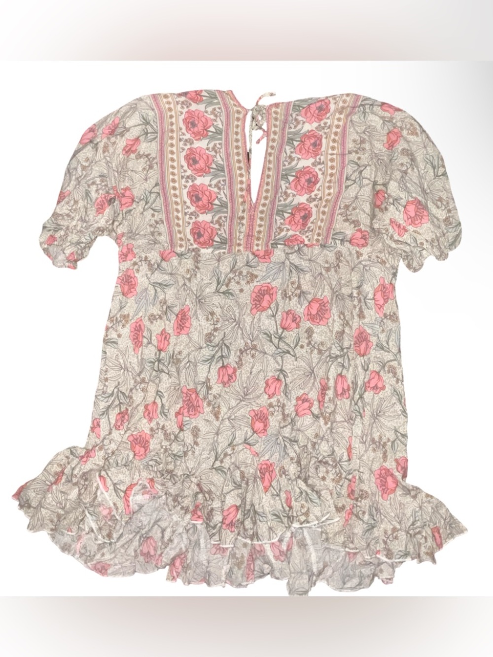 R.Vivimos Floral Boho Midi Dress Pink Cream Ruffle Hem Size L 12/1